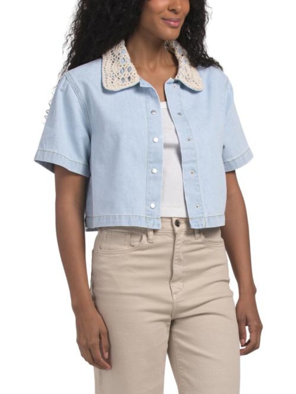 ENDLESS ROSE Crocheted Collar Denim Shirt